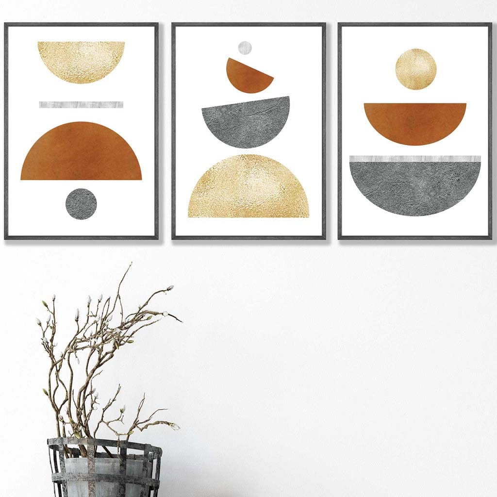 Orange, Gold and Grey Geometric Set of 3 Art Prints
