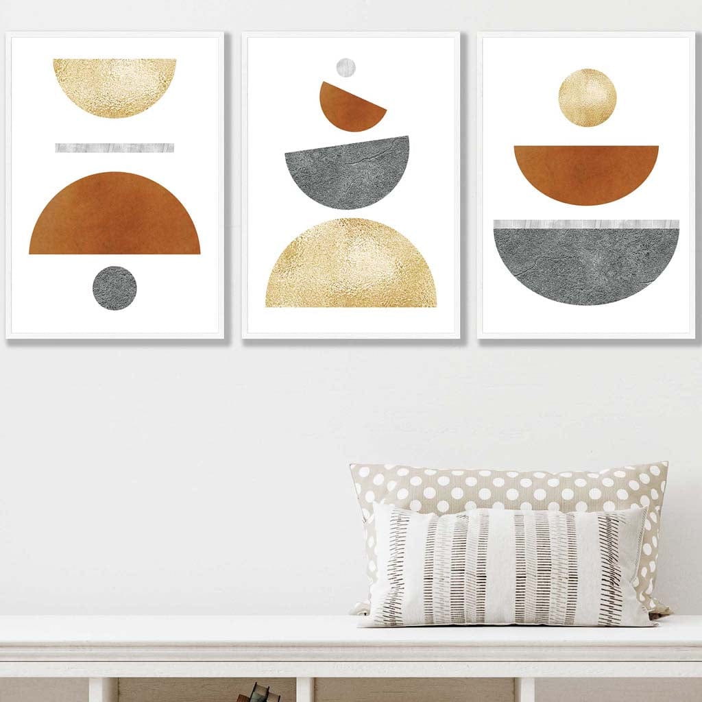 Orange, Gold and Grey Geometric Set of 3 Art Prints