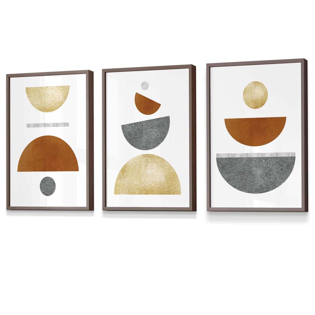 Set of 3 Orange, Gold and Grey Mid Century Geometric Framed Wall Art | Artze Wall Art UK