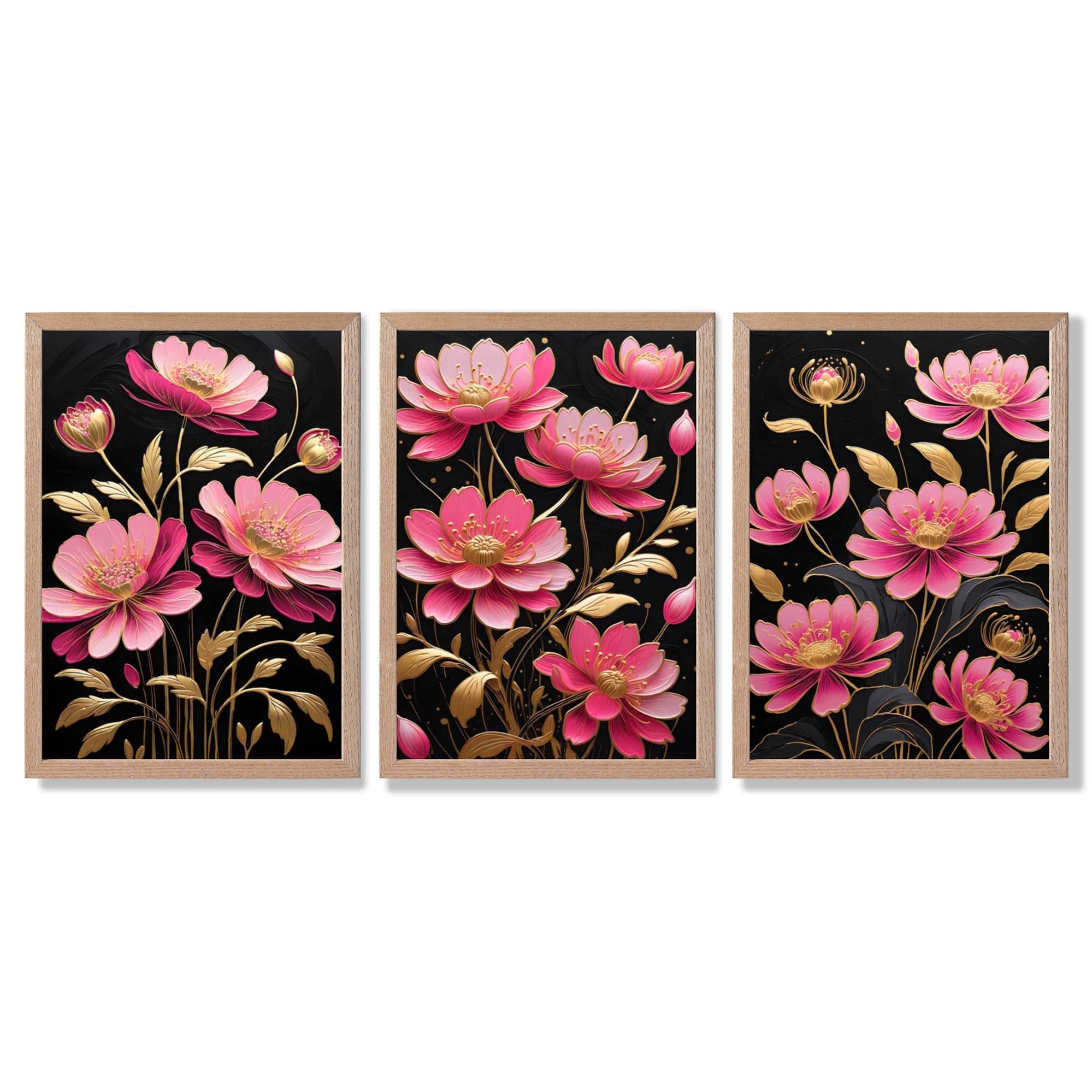 Modern Black and Pink Flowers Set of 3 Framed Art Prints with Light Oak Frames