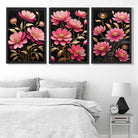 Modern Black and Pink Flowers Set of 3 Art Prints in Black Frames | Artze UK