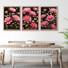 Modern Black and Pink Flowers Set of 3 Art Prints in Oak Frames | Artze UK