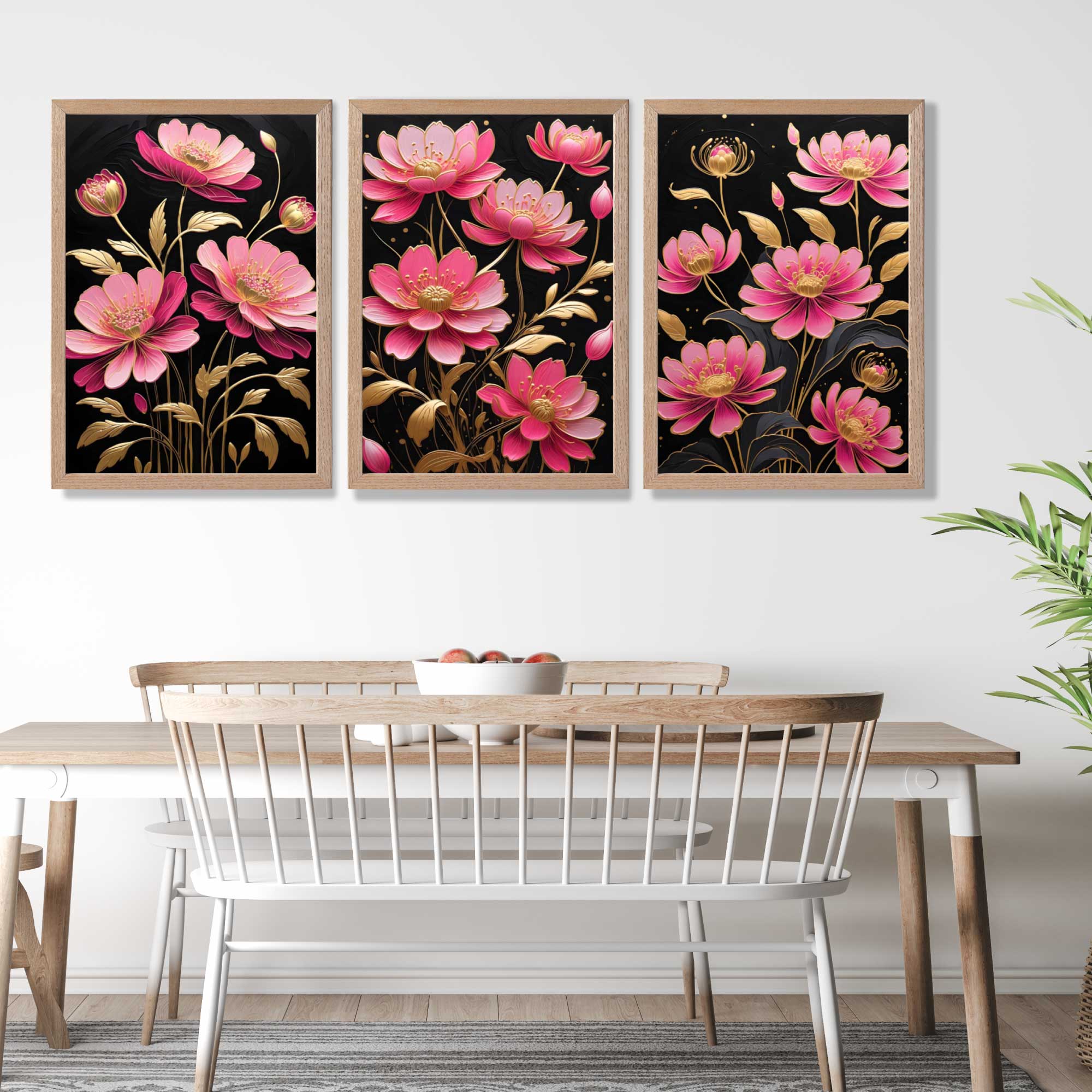 Modern Black and Pink Flowers Set of 3 Art Prints in Oak Frames | Artze UK
