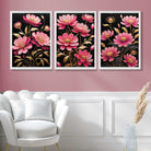 Modern Black and Pink Flowers Set of 3 Art Prints in White Frames | Artze UK