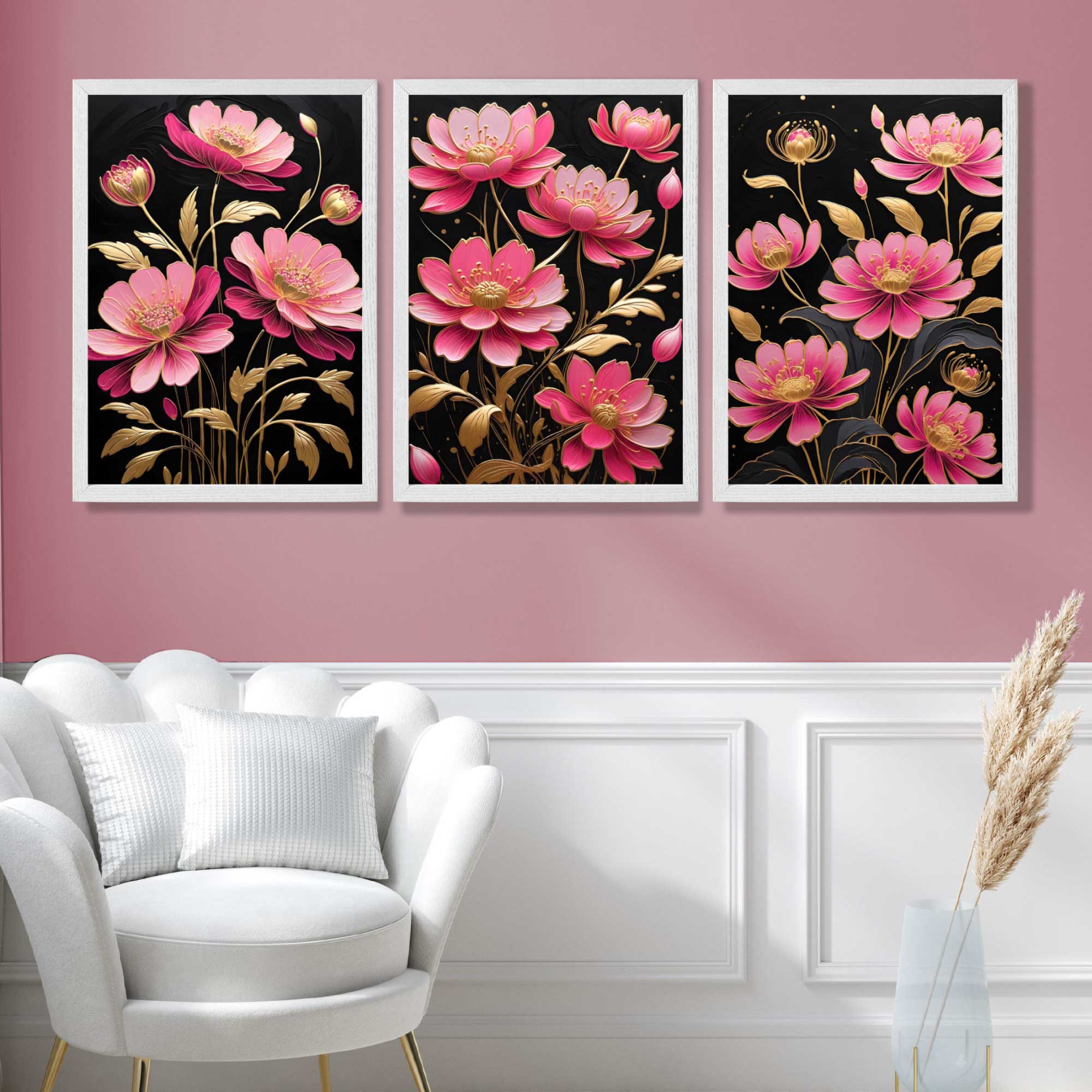 Modern Black and Pink Flowers Set of 3 Art Prints in White Frames | Artze UK