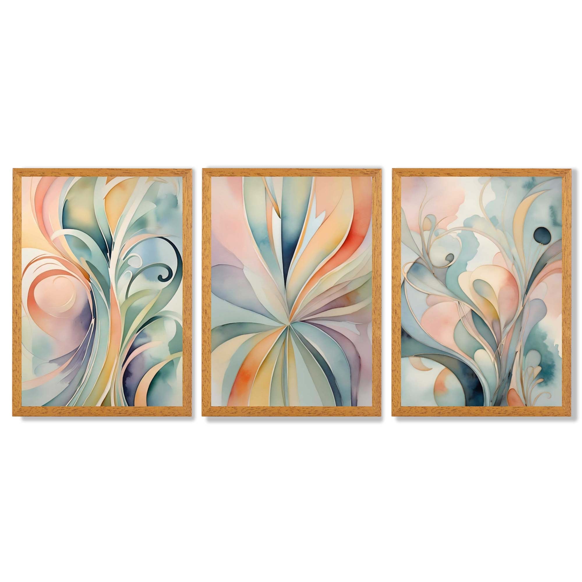 Set of 3 Art Deco Swirls in Pastel Colours Framed Art Prints with Oak Wooden Frames