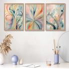 Set of 3 Art Deco Swirls in Pastel Colours Art Prints in Oak Frames | Artze UK