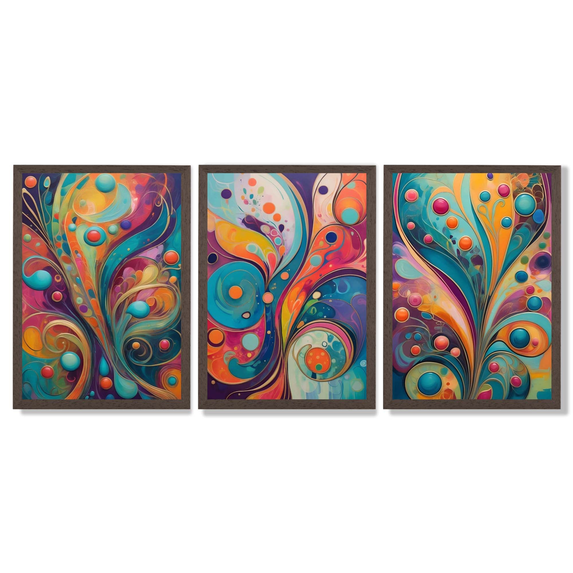 Set of 3 Art Deco Swirls in Bright Colours Framed Art Prints with Dark Wood Frames