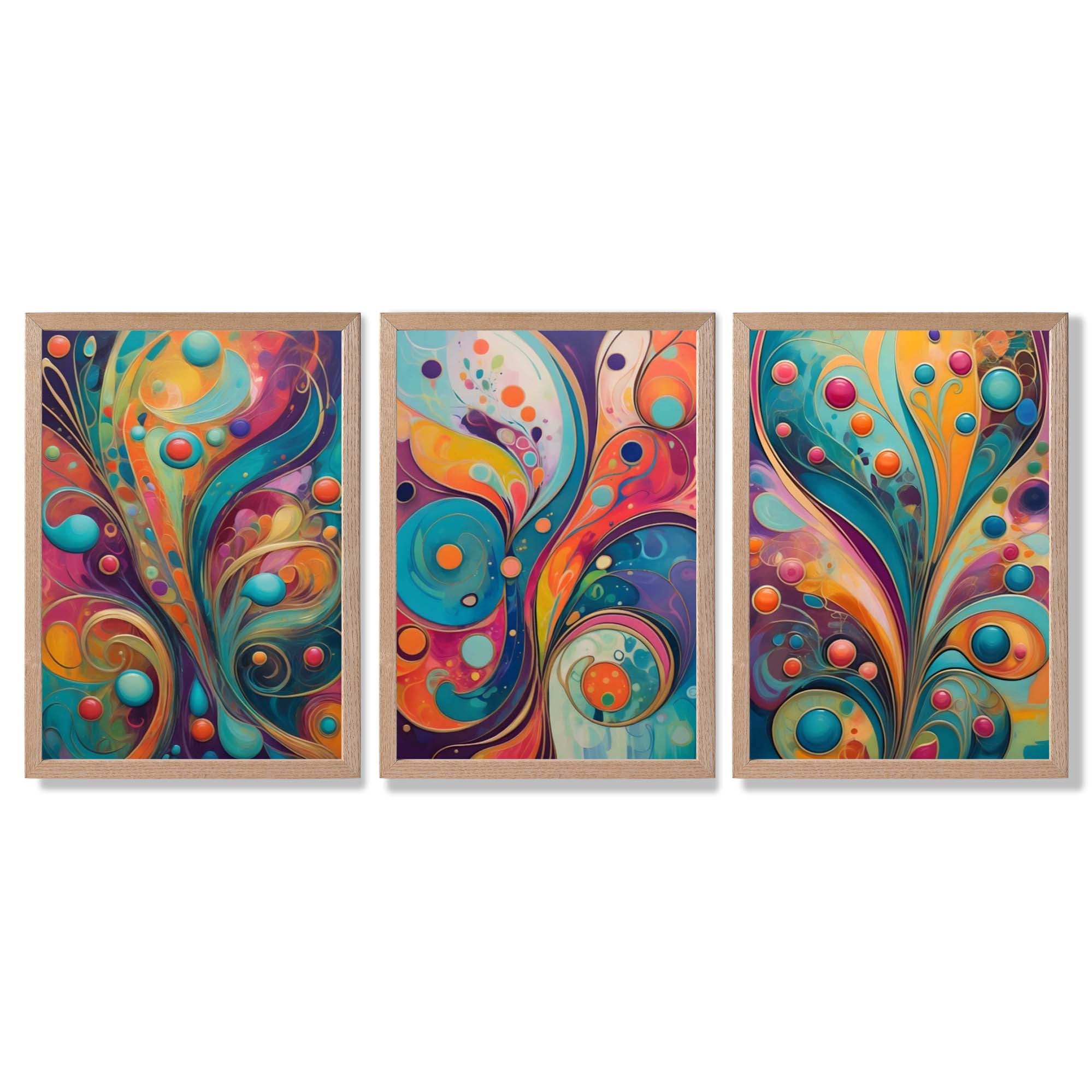 Set of 3 Art Deco Swirls in Bright Colours Framed Art Prints with Light Oak Frames