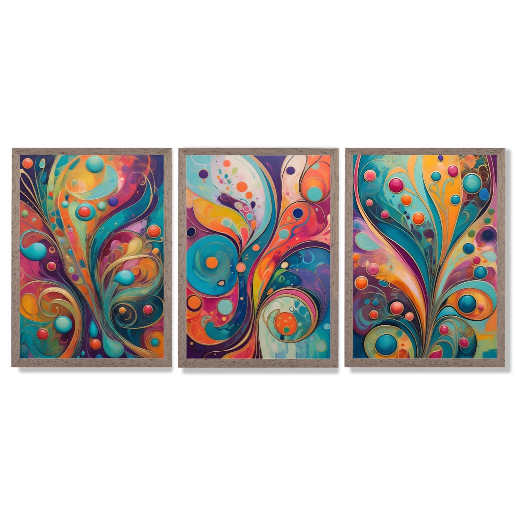 Set of 3 Art Deco Swirls in Bright Colours Framed Art Prints with Light Walnut Frames