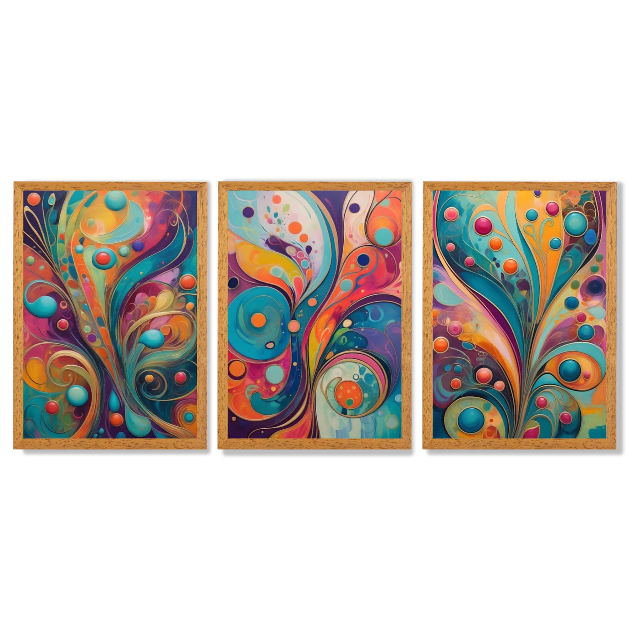 Set of 3 Art Deco Swirls in Bright Colours Framed Art Prints with Oak Wooden Frames