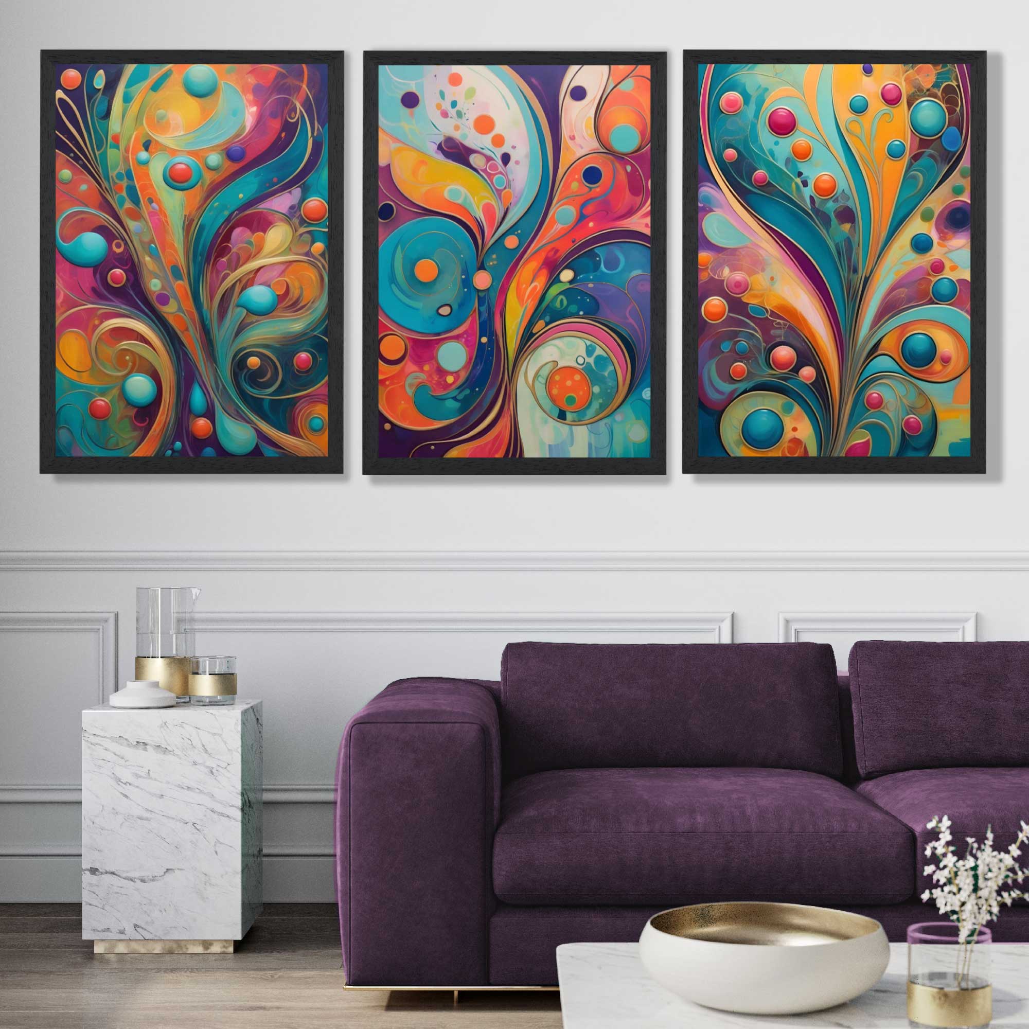 Set of 3 Art Deco Swirls in Bright Colours Art Prints in Black Frames | Artze UK