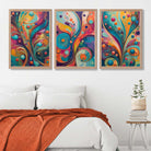 Set of 3 Art Deco Swirls in Bright Colours Art Prints in Oak Frames | Artze UK
