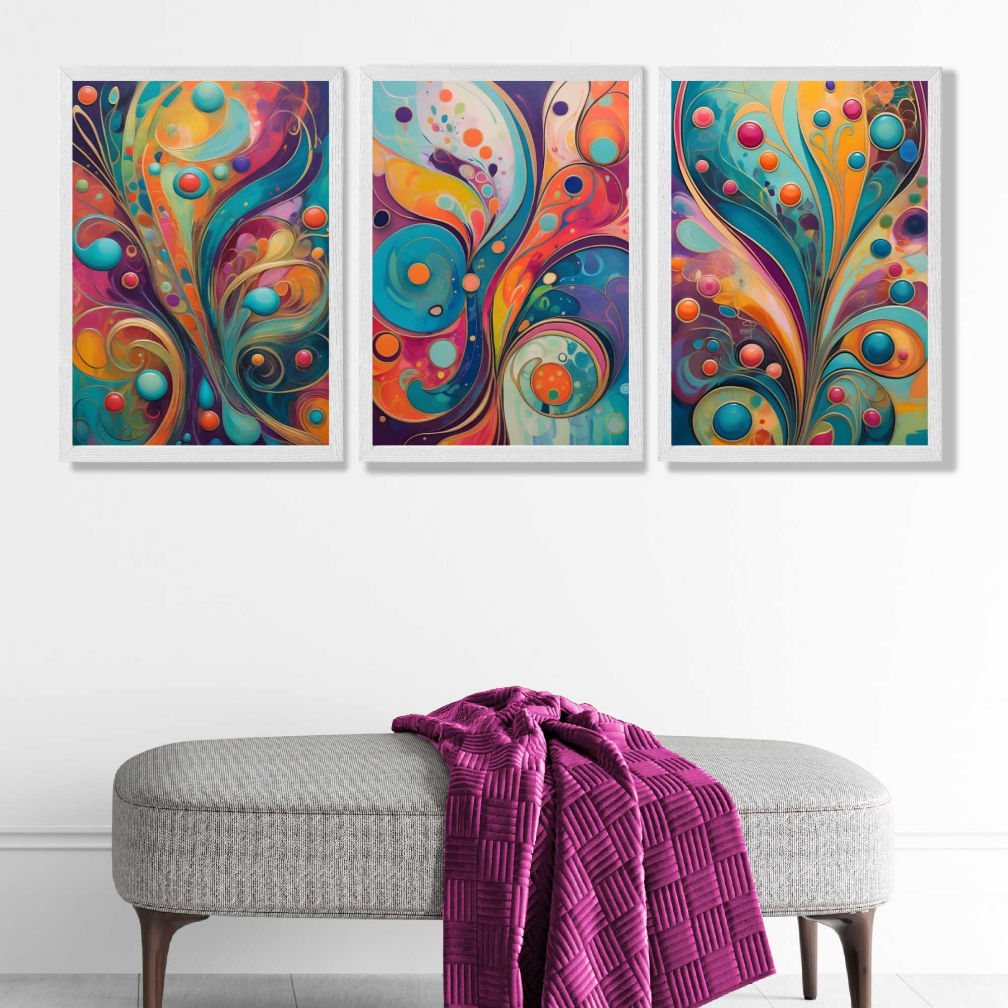 Set of 3 Art Deco Swirls in Bright Colours Art Prints in White Frames | Artze UK