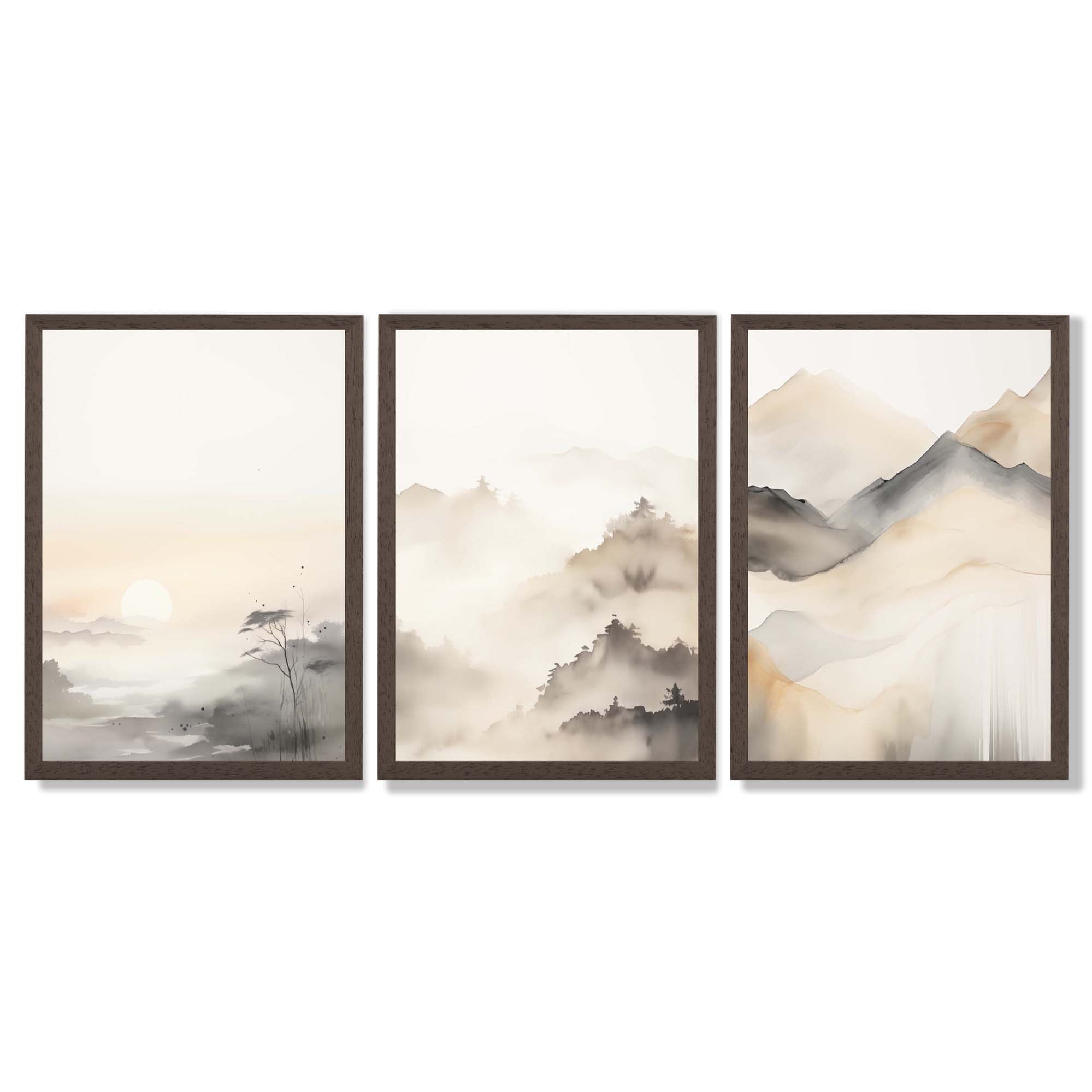 Set of 3 Neutral Forest and Mountains Framed Art Prints with Dark Wood Frames