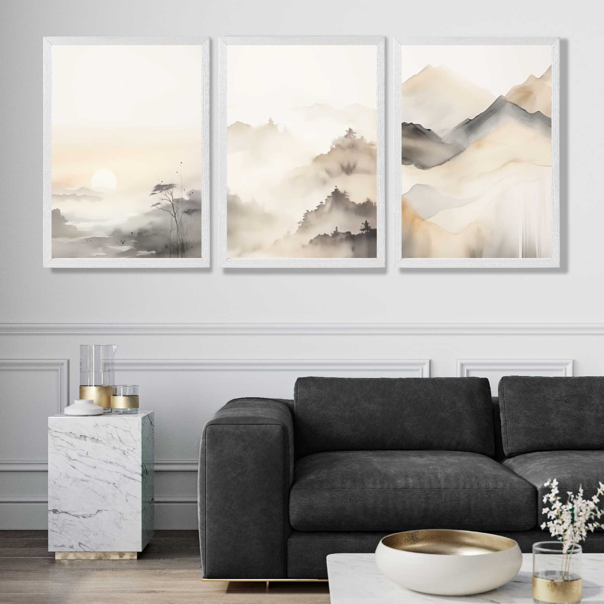 Set of 3 Neutral Forest and Mountains Art Prints in White Frames | Artze UK