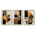 Geometric Circles In Orange and Grey Set of 3 Framed Art Prints with Gold Wood Frames