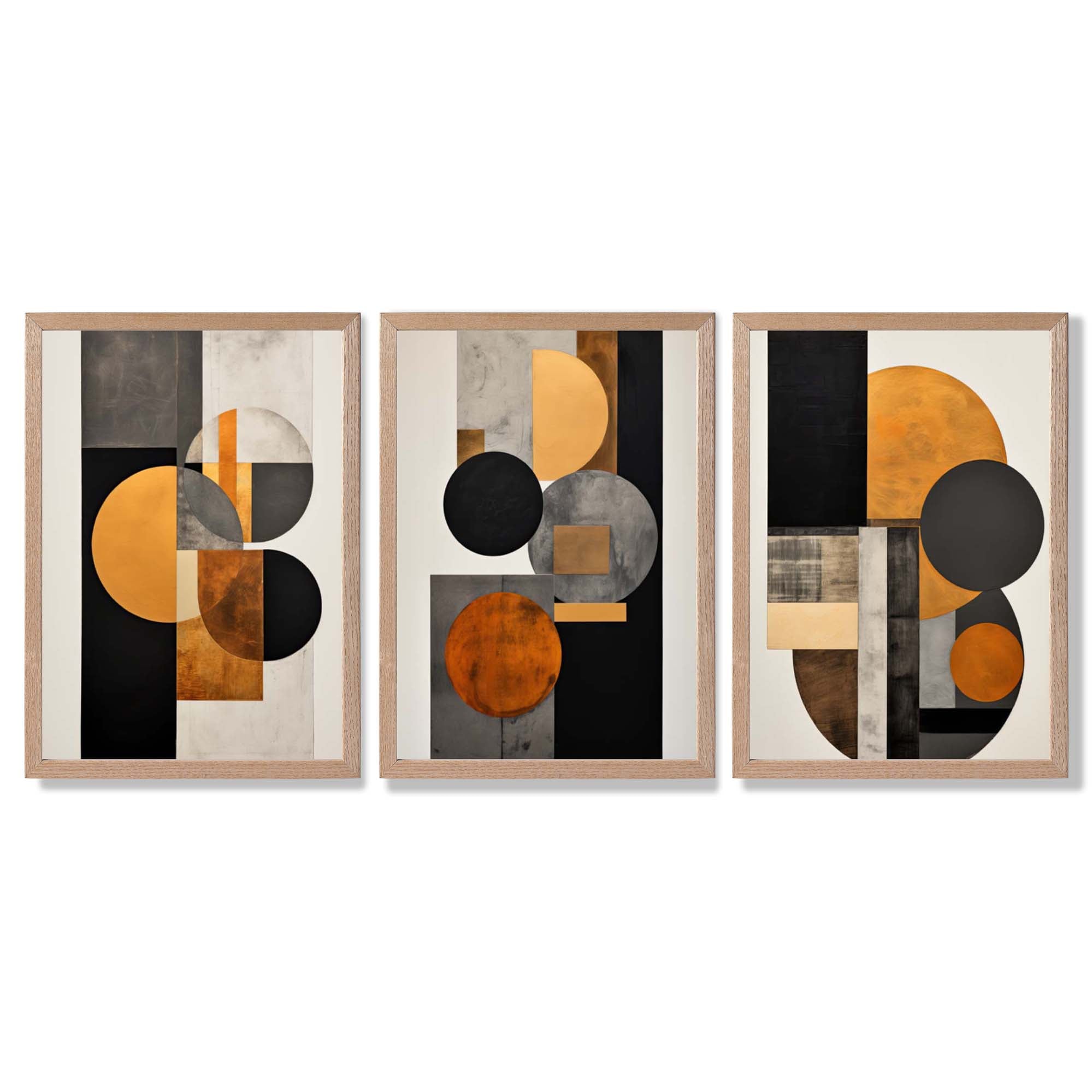 Geometric Circles In Orange and Grey Set of 3 Framed Art Prints with Light Oak Frames