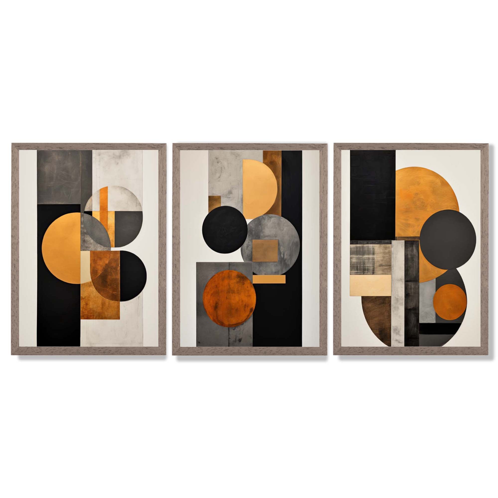 Geometric Circles In Orange and Grey Set of 3 Framed Art Prints with Light Walnut Frames