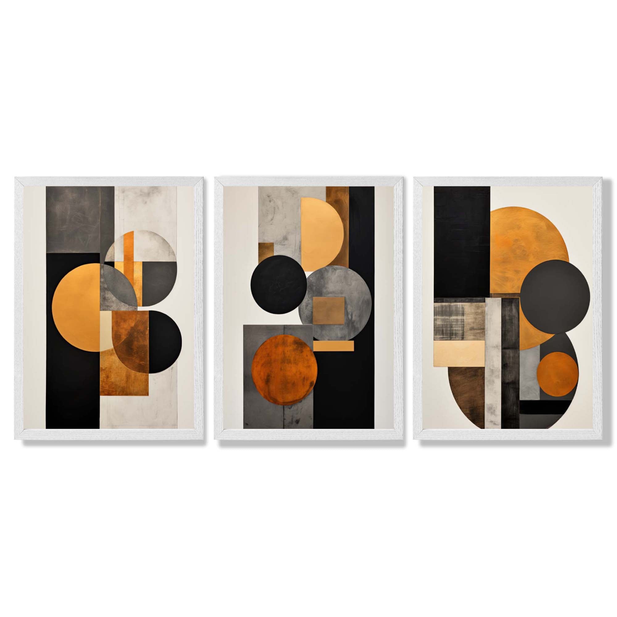 Geometric Circles In Orange and Grey Set of 3 Framed Art Prints with White Wooden Frames