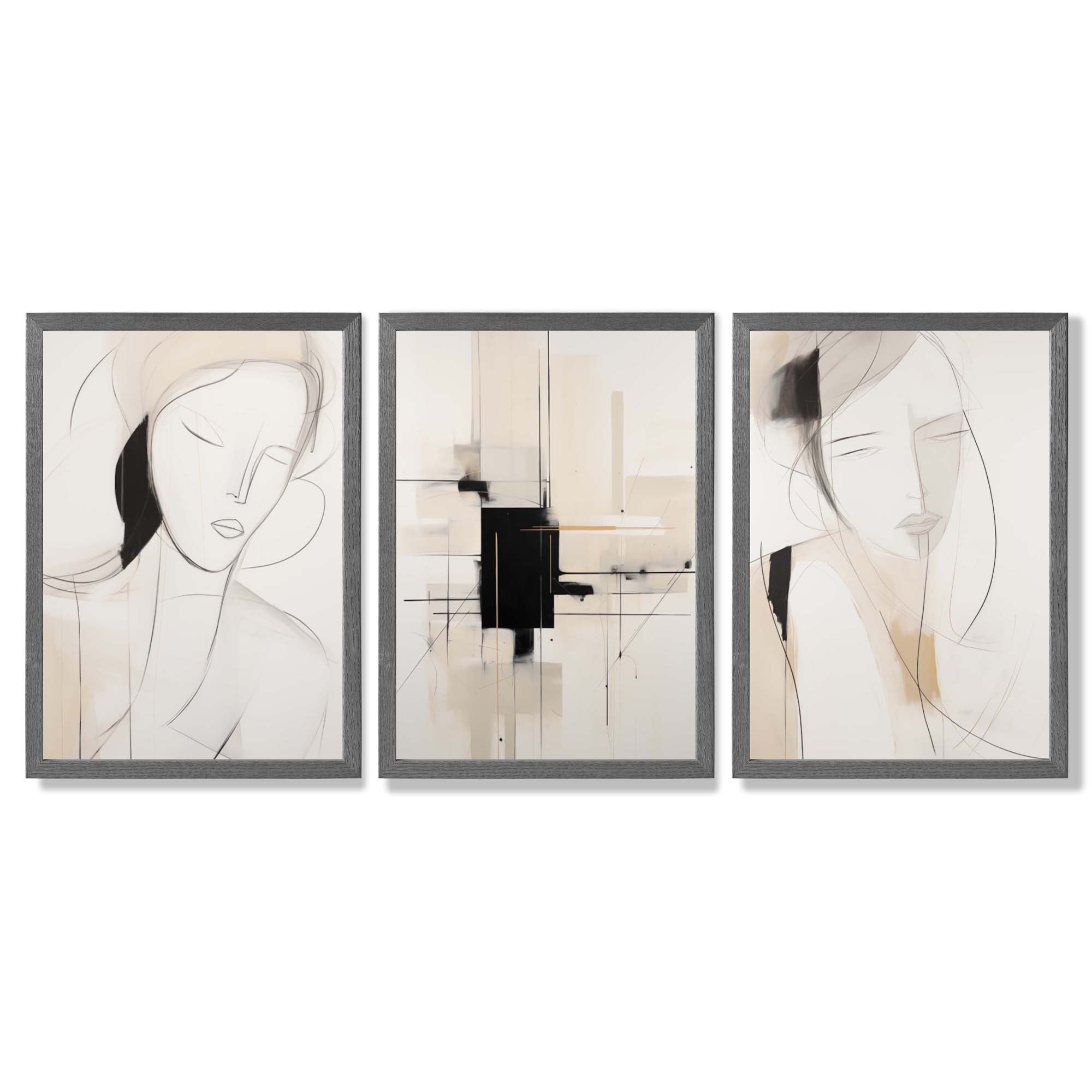 Set of 3 Abstract Fashion Sketches in Beige and Black Framed Art Prints with Dark Grey Wooden Frames