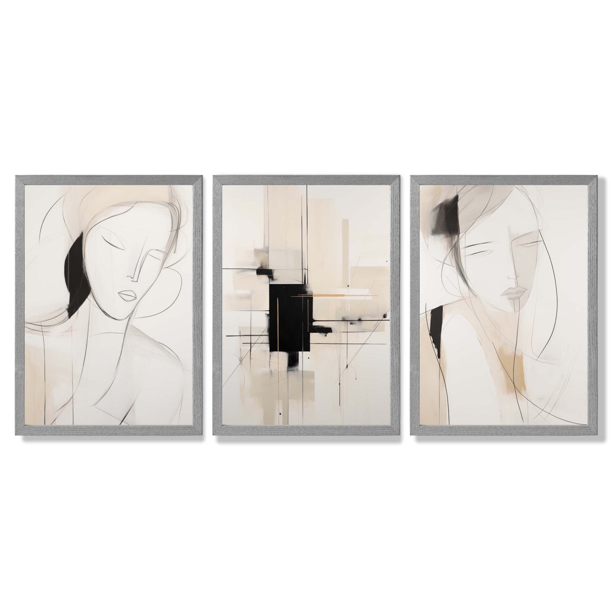 Set of 3 Abstract Fashion Sketches in Beige and Black Framed Art Prints with Light Grey Wooden Frames