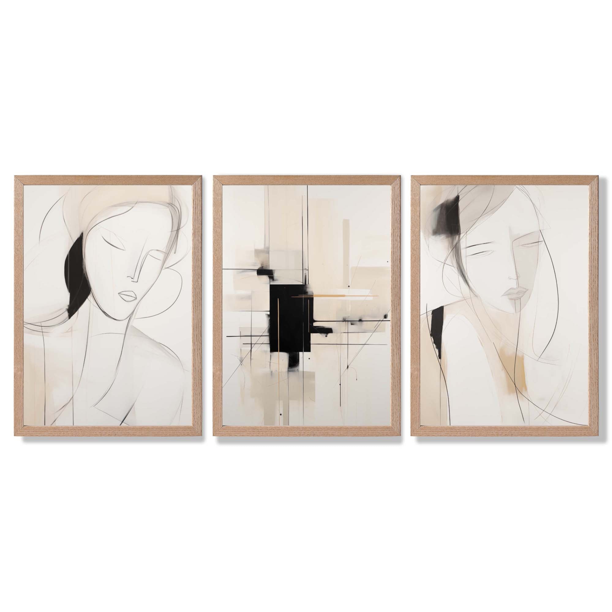 Set of 3 Abstract Fashion Sketches in Beige and Black Framed Art Prints with Light Oak Frames
