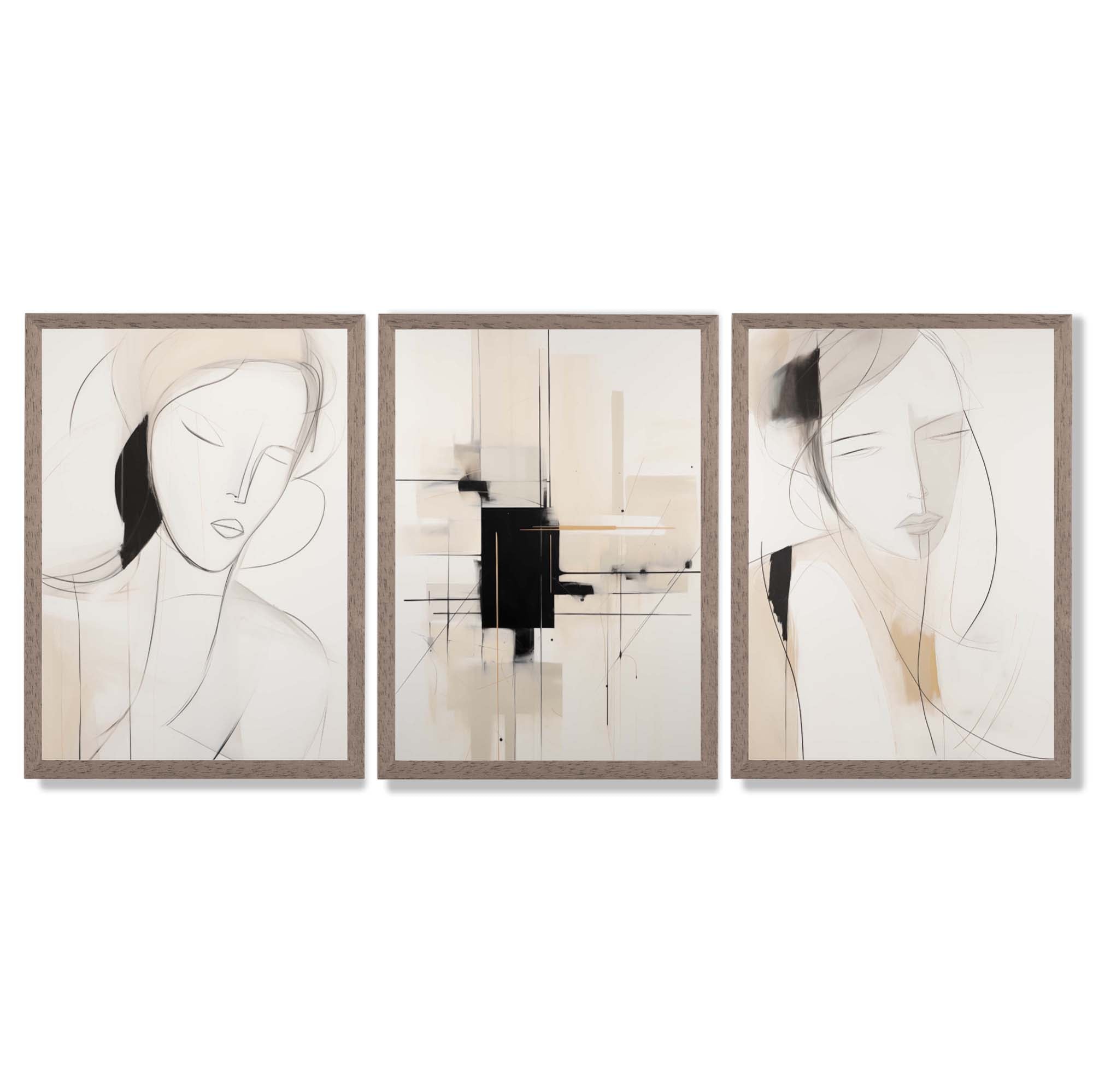 Set of 3 Abstract Fashion Sketches in Beige and Black Framed Art Prints with Light Walnut Frames