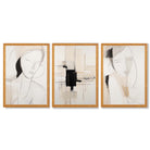 Set of 3 Abstract Fashion Sketches in Beige and Black Framed Art Prints with Oak Wooden Frames