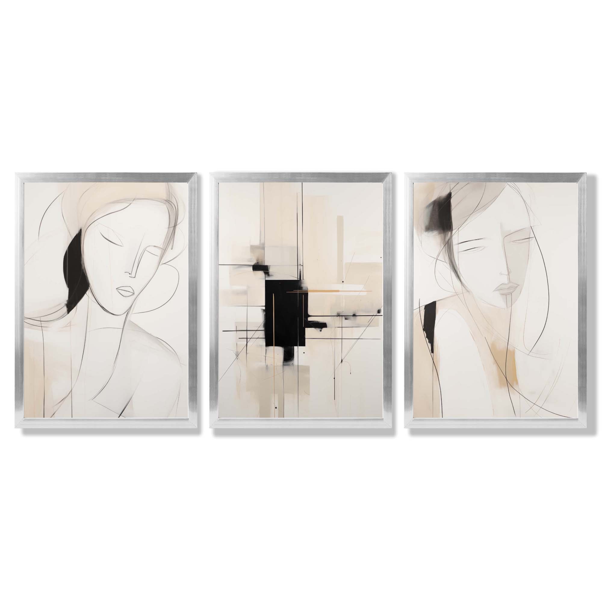 Set of 3 Abstract Fashion Sketches in Beige and Black Framed Art Prints with Silver Wood Frames
