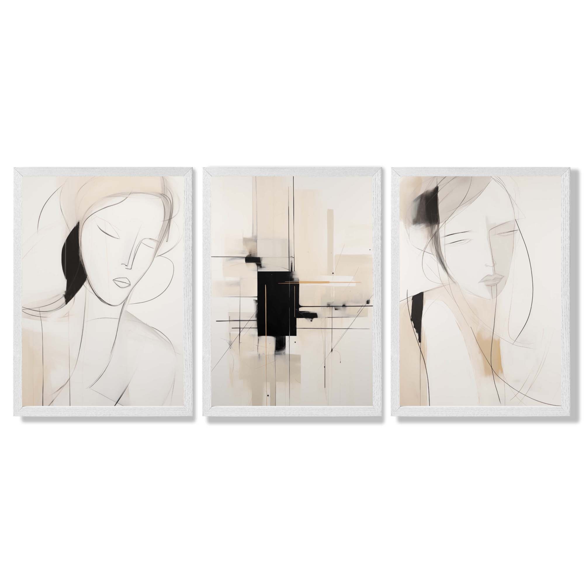 Set of 3 Abstract Fashion Sketches in Beige and Black Framed Art Prints with White Wooden Frames