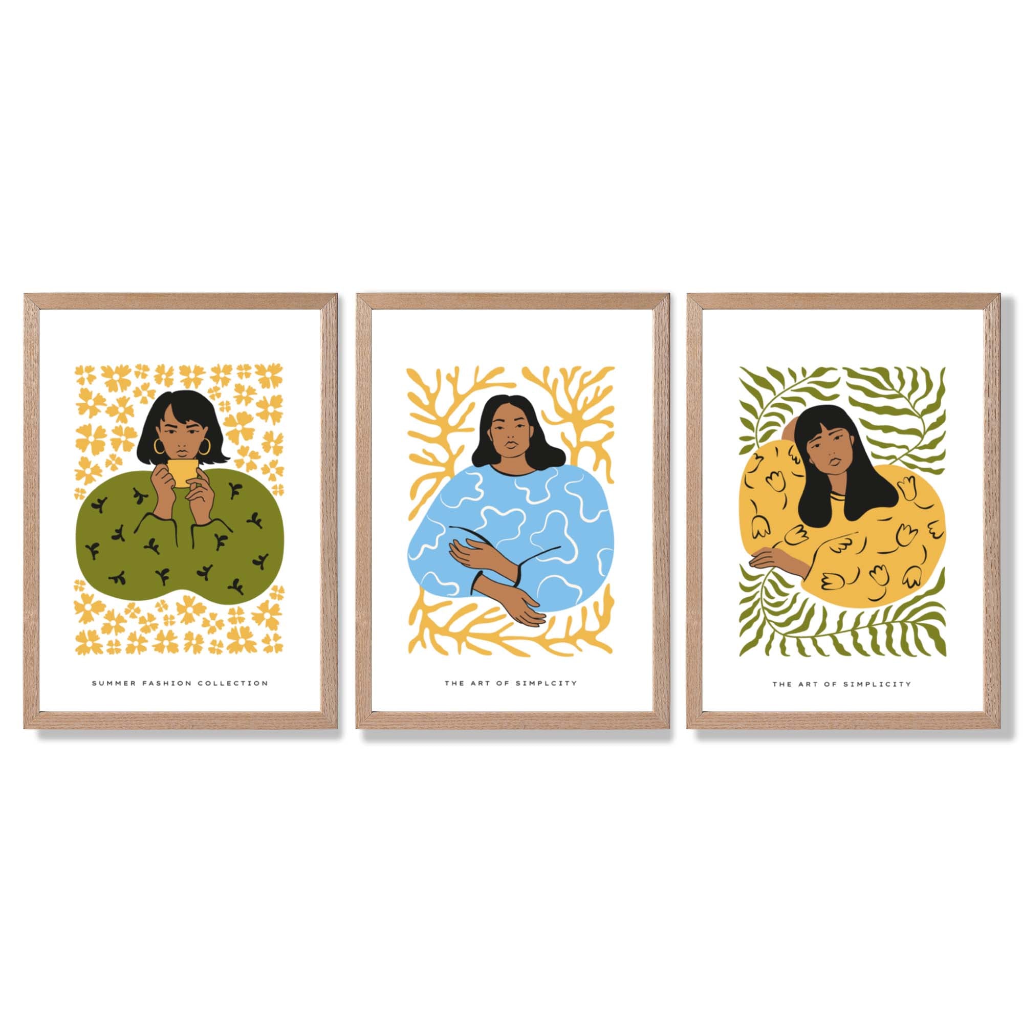 Set of 3 Boho Fashion in Green and Yellow Framed Art Prints with Light Oak Frames