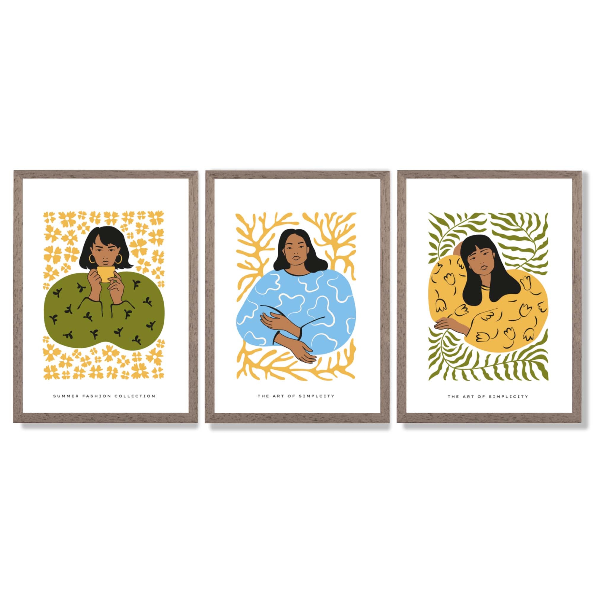Set of 3 Boho Fashion in Green and Yellow Framed Art Prints with Light Walnut Frames