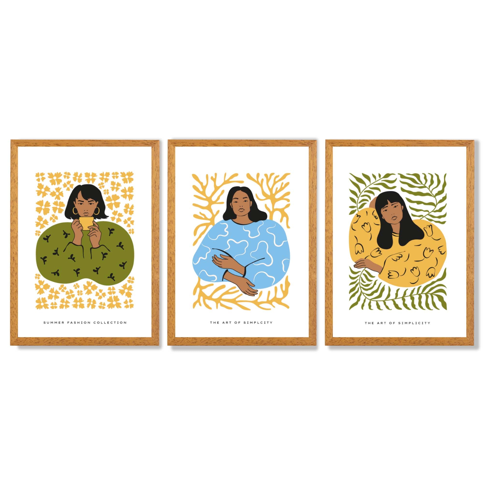 Set of 3 Boho Fashion in Green and Yellow Framed Art Prints with Oak Wooden Frames