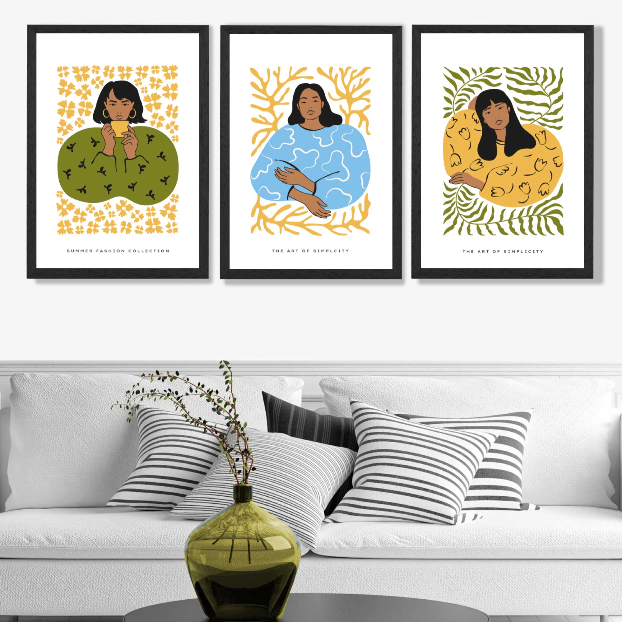 Set of 3 Boho Fashion in Green and Yellow Art Prints in Black Frames | Artze UK