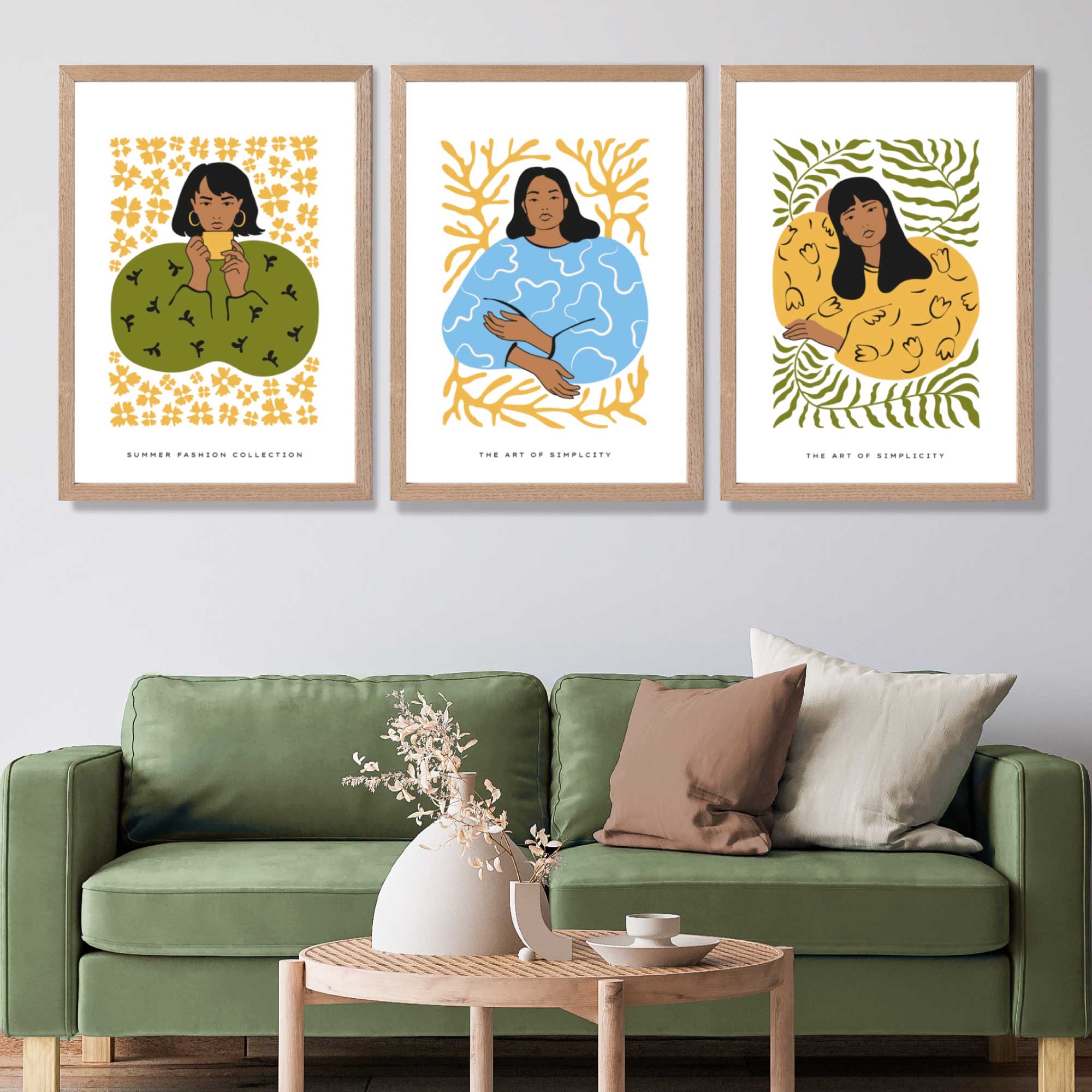 Set of 3 Boho Fashion in Green and Yellow Art Prints in Oak Frames | Artze UK