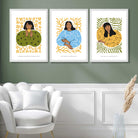 Set of 3 Boho Fashion in Green and Yellow Art Prints in White Frames | Artze UK