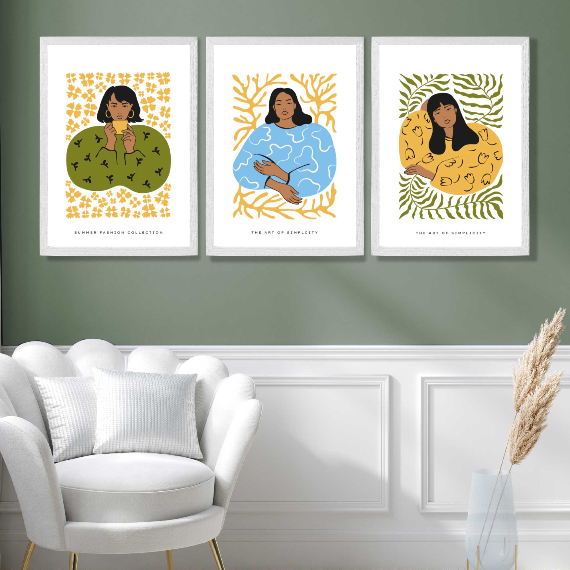 Set of 3 Boho Fashion in Green and Yellow Art Prints in White Frames | Artze UK
