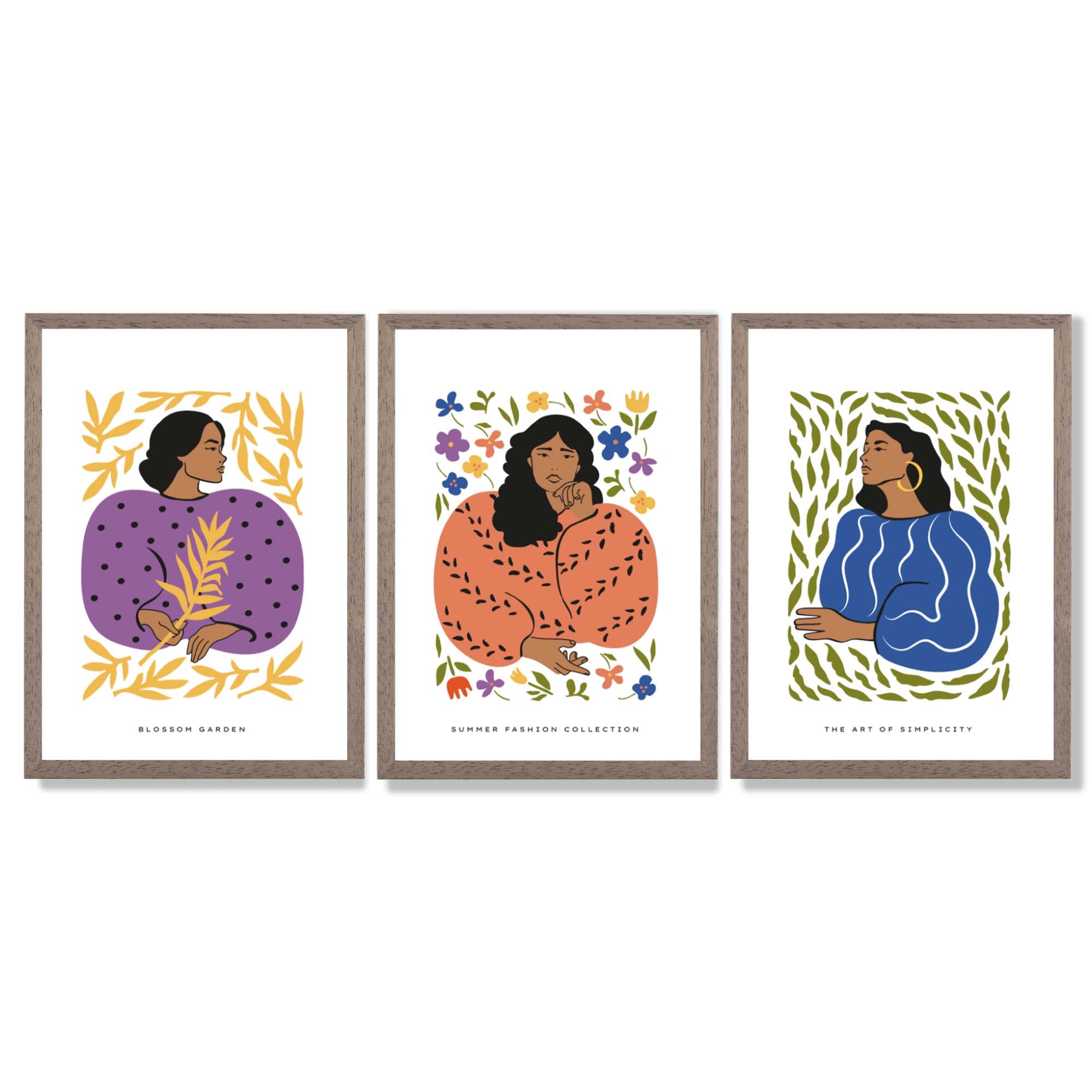 Set of 3 Boho Fashion in Purple and Orange Framed Art Prints with Light Walnut Frames
