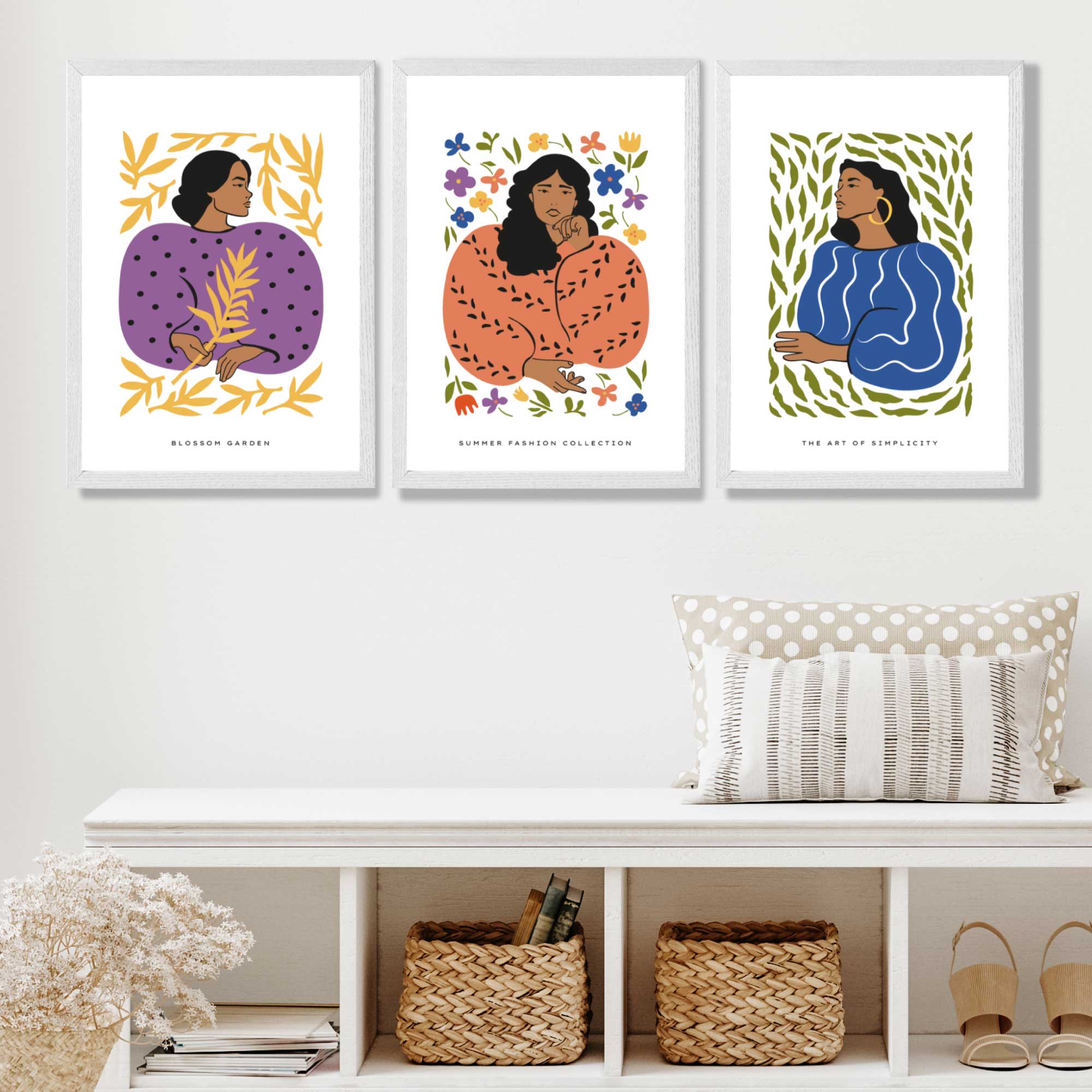 Set of 3 Boho Fashion in Purple and Orange Art Prints in White Frames | Artze UK