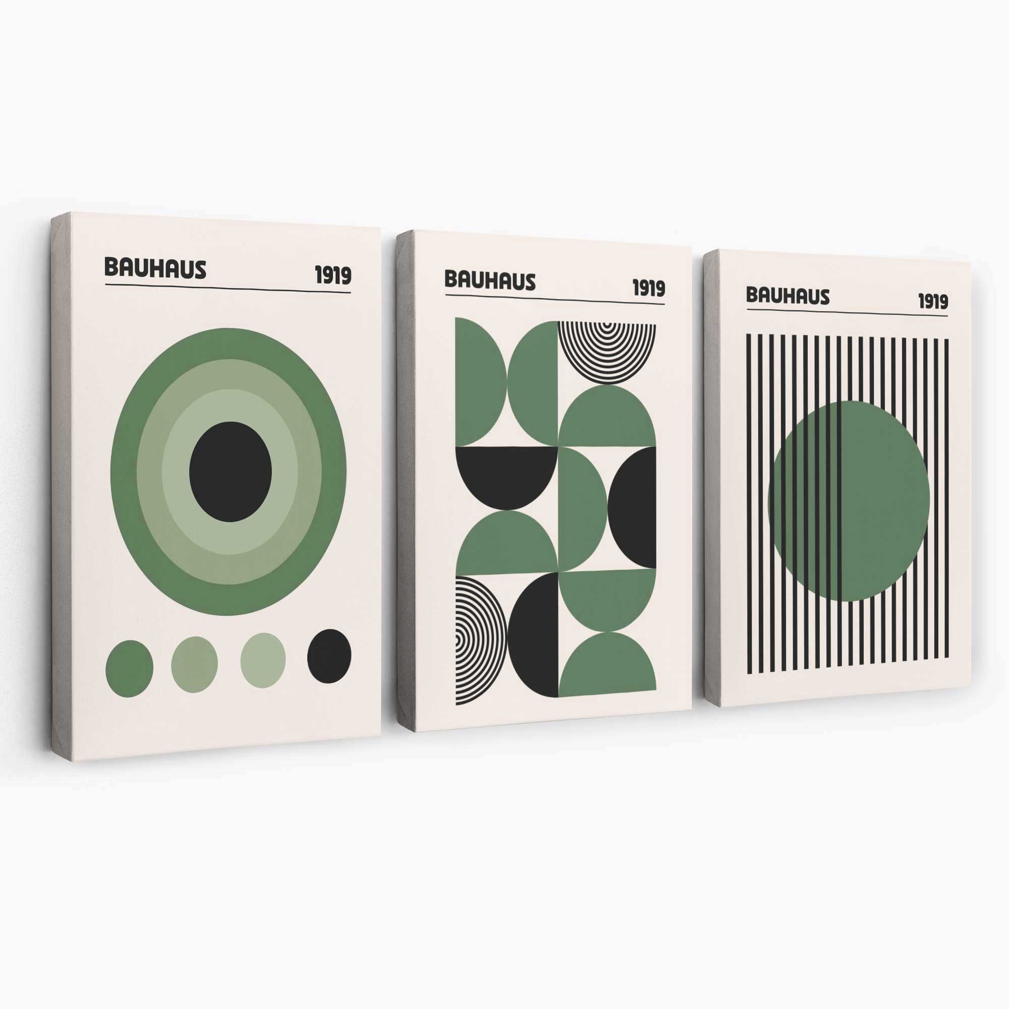 Set of 3 Bauhaus Geometric Circles in Green Canvas Art Prints | Artze Wall Art