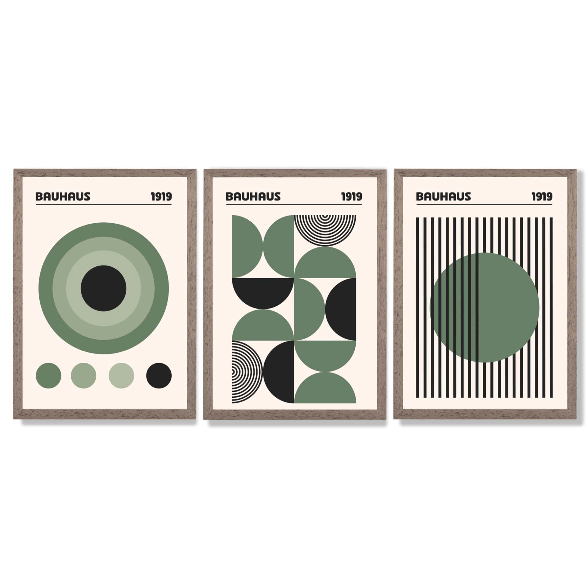 Set of 3 Bauhaus Geometric Circles in Green Framed Art Prints with Light Walnut Frames