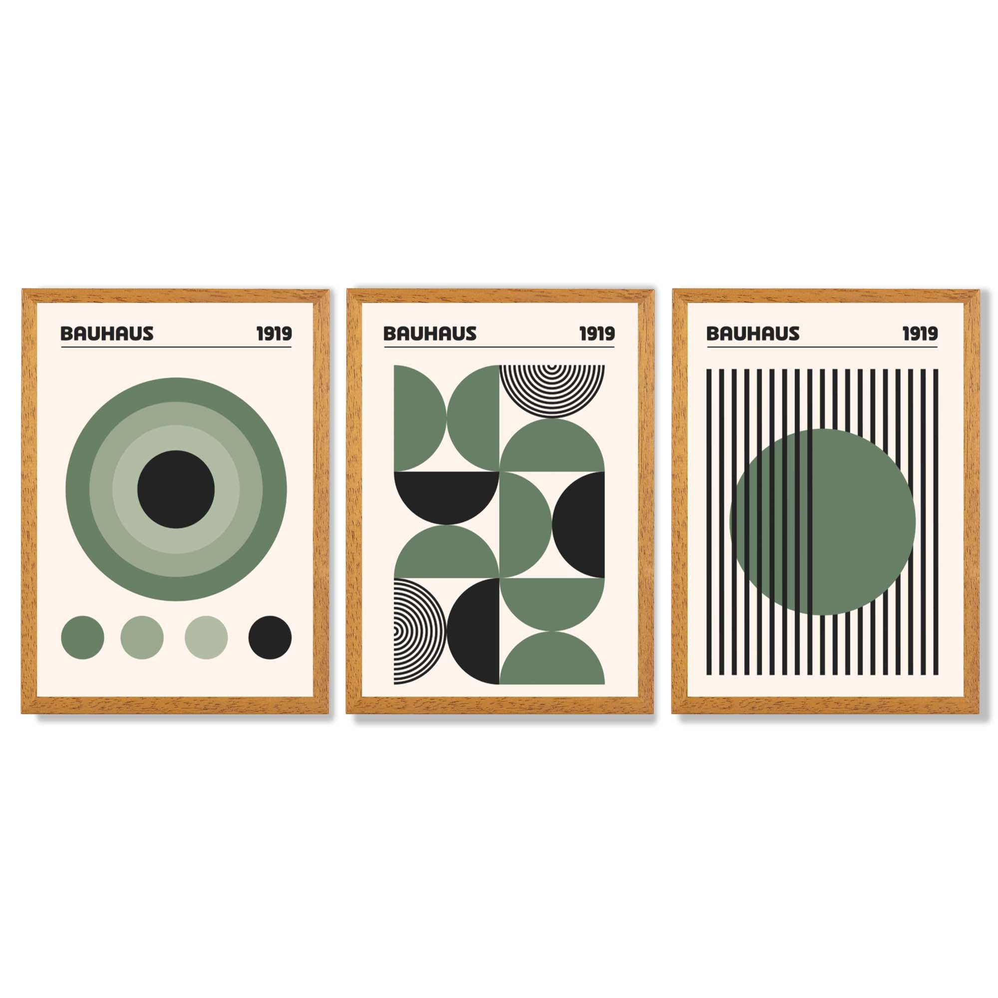 Set of 3 Bauhaus Geometric Circles in Green Framed Art Prints with Oak Wooden Frames