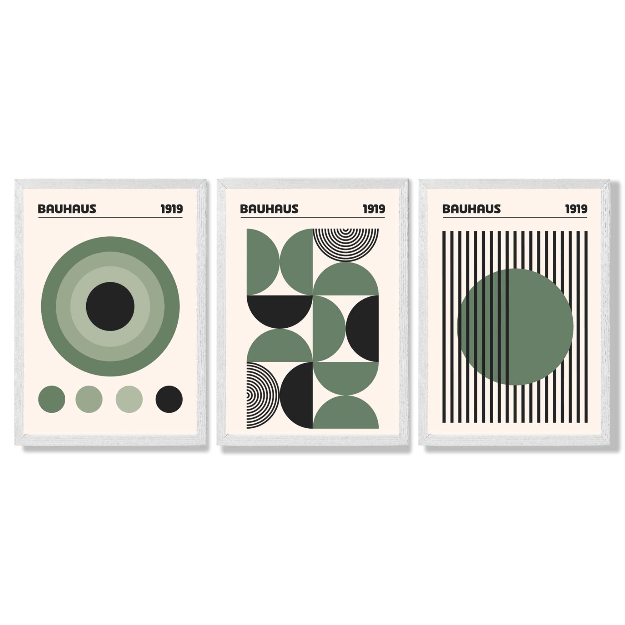 Set of 3 Bauhaus Geometric Circles in Green Framed Art Prints with White Wooden Frames