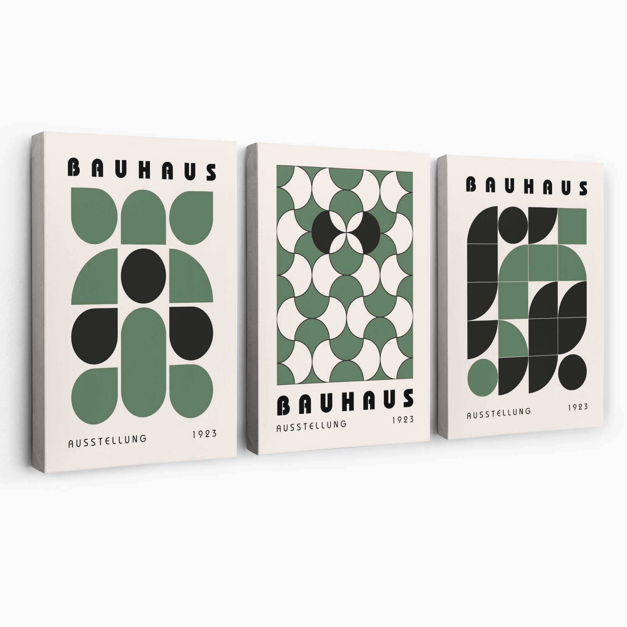 Set of 3 Bauhaus Geometric Shapes in Green Canvas Art Prints | Artze Wall Art