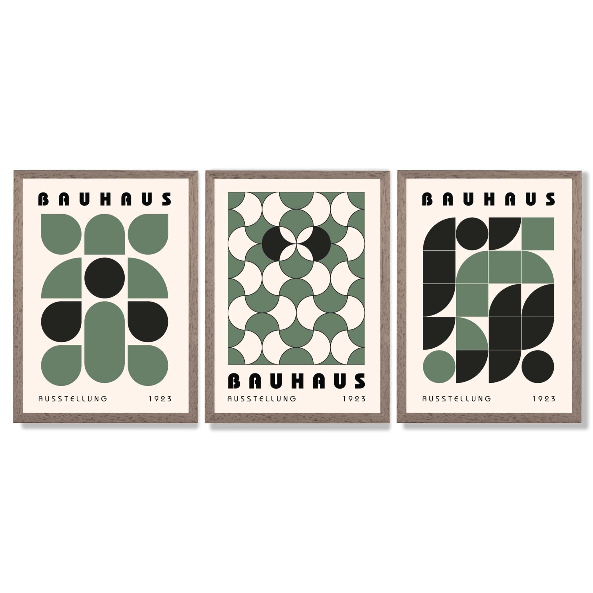Set of 3 Bauhaus Geometric Shapes in Green Framed Art Prints with Light Walnut Frames