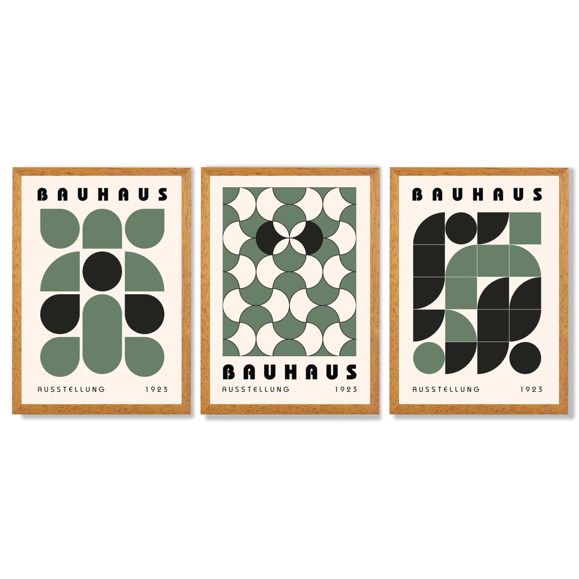 Set of 3 Bauhaus Geometric Shapes in Green Framed Art Prints with Oak Wooden Frames