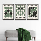 Set of 3 Bauhaus Geometric Shapes in Green Art Prints in Black Frames | Artze UK