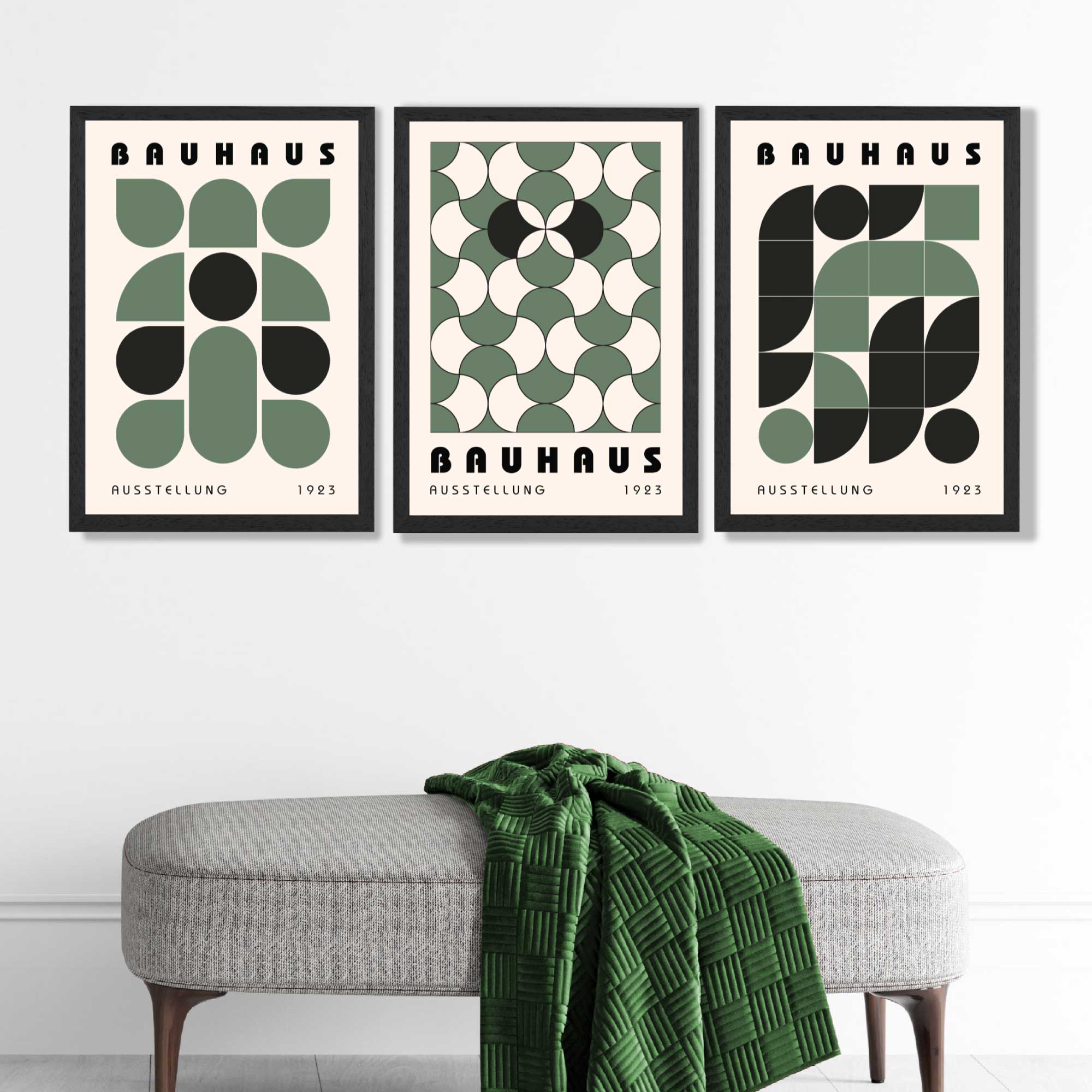 Set of 3 Bauhaus Geometric Shapes in Green Art Prints in Black Frames | Artze UK
