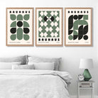 Set of 3 Bauhaus Geometric Shapes in Green Art Prints in Oak Frames | Artze UK